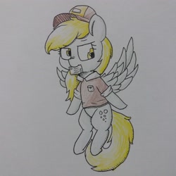 Size: 3072x3072 | Tagged: safe, artist:cherro, imported from derpibooru, derpy hooves, pegasus, pony, clothes, hat, letter, mail, mouth hold, shirt, simple background, solo, traditional art, white background