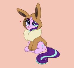 Size: 5144x4768 | Tagged: safe, artist:kittyrosie, imported from derpibooru, starlight glimmer, eevee, pony, unicorn, :p, blushing, clothes, costume, cute, female, glimmerbetes, hoodie, kigurumi, mare, pokémon, simple background, solo, tongue out, weapons-grade cute