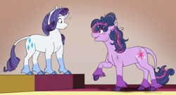 Size: 1280x689 | Tagged: safe, artist:arcticwaters, imported from derpibooru, rarity, twilight sparkle, pony, unicorn, friendship is magic, alternate scenario, alternate universe, blushing, curved horn, female, horn, leonine tail, lesbian, messy mane, rarilight, scene interpretation, shipping, tail, twilight poofle, unshorn fetlocks