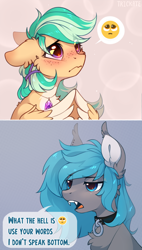 Size: 1708x3000 | Tagged: safe, artist:trickate, imported from derpibooru, oc, oc only, oc:midnight dagger, oc:summer ray, bat pony, pegasus, pony, bat pony oc, blushing, bottom, chest fluff, colored pinnae, colored wings, commission, dialogue, ear fluff, ear tufts, emoji, fangs, female, fingers together, floppy ears, freckles, i don't speak bottom, is for me, mare, meme, pale belly, pegasus oc, pet collar, pleading, ponified meme, speech bubble, two toned wings, unamused, wing hands, wings, ych result, 🥺