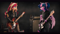 Size: 9600x5400 | Tagged: safe, artist:imafutureguitarhero, imported from derpibooru, sci-twi, sunset shimmer, twilight sparkle, alicorn, anthro, unicorn, 3d, absurd file size, absurd resolution, amplifier, arm fluff, bass guitar, beer bottle, black bars, black shirt, bottle, cable, cargo pants, cheek fluff, chromatic aberration, clothes, colored eyebrows, colored eyelashes, duo, ear fluff, electric guitar, female, fender, fender jazz bass, film grain, fingerless gloves, fluffy, freckles, fur, gloves, guitar, guitar amp, horn, jacket, jeans, leather jacket, leonine tail, long hair, long mane, looking at each other, looking at someone, mare, multicolored hair, multicolored mane, multicolored tail, musical instrument, neck fluff, nose wrinkle, open mouth, paintover, pants, particles, peppered bacon, playing instrument, revamped anthros, revamped ponies, rickenbacker, scitwilicorn, shirt, signature, source filmmaker, strap, tail, twilight sparkle (alicorn), wall of tags, wings, wings down