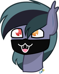 Size: 683x862 | Tagged: safe, artist:samsailz, imported from derpibooru, oc, oc only, oc:scrimmy, bat pony, pony, bust, commission, cute, fangs, happy, heterochromia, mask, portrait, simple background, solo, transparent background, ych result, your character here