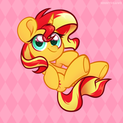 Size: 2598x2598 | Tagged: safe, artist:ninnydraws, imported from derpibooru, sunset shimmer, pony, unicorn, equestria girls, abstract background, cute, female, heart, heart eyes, high res, mare, shimmerbetes, solo, wingding eyes