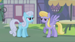 Size: 470x264 | Tagged: safe, edit, edited screencap, imported from derpibooru, screencap, cloud kicker, granny smith, linky, shoeshine, earth pony, pegasus, pony, family appreciation day, season 2, animated, cropped, jumping, scared, wide eyes