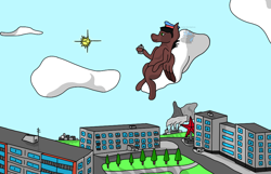 Size: 956x614 | Tagged: safe, artist:loshad the bughorse, imported from derpibooru, oc, oc:atomik, pegasus, pony, blue sky, city, cloud, cloudy, factory, red star, smoke, soviet, soviet city, sovietcore, sun