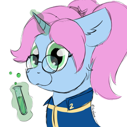 Size: 1024x1024 | Tagged: safe, artist:exobass, imported from derpibooru, oc, oc only, oc:stardust, pony, unicorn, fallout equestria, bust, chemistry, clothes, commission, commissioner:appletree, glasses, jumpsuit, magic, pigtails, simple background, sketch, solo, transparent background, vault suit