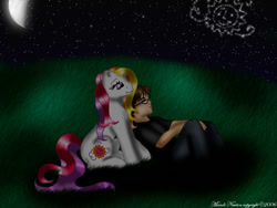 Size: 800x600 | Tagged: safe, artist:sassylilpanda, imported from derpibooru, sunny daze (g3), earth pony, human, 2006, cute, female, g3, glasses, male, night