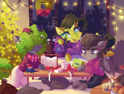 Size: 1600x1208 | Tagged: safe, artist:saxopi, imported from derpibooru, oc, oc only, oc:breezy blight, oc:poison kiss, oc:rot blossom, earth pony, pegasus, pony, unicorn, ant farm, candle, chaos, christmas, christmas tree, christmas wreath, clothes, cultist, holiday, nurgle, pillow, present, string lights, tree, warhammer (game), warhammer 40k, wreath