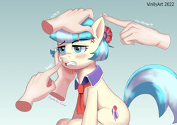 Size: 3280x2312 | Tagged: safe, artist:vinilyart, imported from derpibooru, coco pommel, earth pony, pony, adorable distress, angry, annoyed, bad touch, boop, coco pommel is not amused, cocobetes, cross-popping veins, cute, disembodied hand, flower, flower in hair, gritted teeth, hand, madorable, noseboop, personal space invasion, petting, sitting, solo focus, this will end in pain, unamused, urge to kill rising