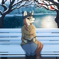 Size: 2000x2000 | Tagged: safe, artist:kennzeichen, imported from derpibooru, oc, oc only, oc:céline actias, anthro, bird, cardinal, unguligrade anthro, unicorn, anthro oc, bench, book, clothes, coat, commission, digital art, female, freckles, glasses, hat, horn, lake, mare, pants, park bench, round glasses, sitting, smiling, snow, solo, tree, unicorn oc, winter, winter hat