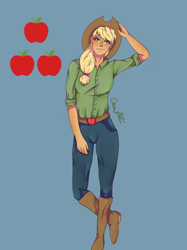 Size: 2048x2732 | Tagged: safe, artist:honeyroastedpeanut, imported from derpibooru, applejack, human, applejack's hat, belt, blue background, boots, clothes, cowboy boots, cowboy hat, female, freckles, hat, humanized, jeans, pants, shirt, shoes, simple background, solo