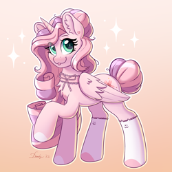 Size: 2684x2684 | Tagged: safe, artist:dandy, imported from derpibooru, oc, oc:saku, alicorn, pony, :3, ;p, alicorn oc, cat socks, chest fluff, choker, clothes, ear fluff, female, gradient background, hair bun, high res, horn, looking at you, one eye closed, ribbon, socks, solo, tail, tail bun, tongue out, wings