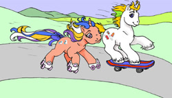 Size: 504x287 | Tagged: safe, artist:foxspotted, imported from derpibooru, speedy, oc, twinkle eyed pony, unicorn, bow, canon x oc, couple, female, g1, male, roller skates, skateboard, tail, tail bow