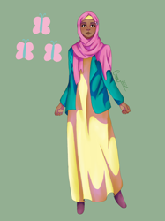 Size: 2048x2732 | Tagged: safe, artist:honeyroastedpeanut, imported from derpibooru, fluttershy, human, clothes, coat, dark skin, dress, female, flats, green background, headscarf, hijab, humanized, islam, islamashy, religion, scarf, shoes, simple background, solo