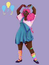 Size: 2048x2732 | Tagged: safe, artist:honeyroastedpeanut, imported from derpibooru, pinkie pie, human, alternate hairstyle, bandaid, bracelet, cherry, chubby, clothes, cupcake, dark skin, female, flats, food, humanized, jewelry, mismatched socks, open mouth, overalls, purple background, rainbow socks, ring, shirt, shoes, simple background, skirt, socks, solo, striped socks, t-shirt, wristband