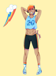 Size: 2048x2732 | Tagged: safe, artist:honeyroastedpeanut, imported from derpibooru, rainbow dash, human, abs, alternate hairstyle, armpits, belly button, clothes, ear piercing, earring, female, grin, humanized, jewelry, midriff, piercing, rainbow socks, shoes, shorts, simple background, smiling, sneakers, socks, solo, sports shorts, striped socks, sweatband, yellow background