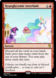 Size: 375x523 | Tagged: safe, edit, imported from derpibooru, princess celestia, twilight sparkle, alicorn, unicorn, mmmystery on the friendship express, cake, cakelestia, ccg, food, glowing, glowing horn, horn, magic, magic the gathering, thousand yard stare, trading card, trading card edit, unicorn twilight