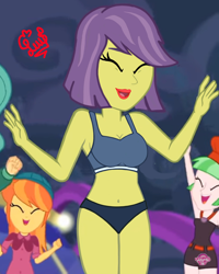 Size: 2048x2561 | Tagged: safe, artist:flutteryaylove, edit, edited screencap, imported from derpibooru, screencap, drama letter, orange sunrise, victoria, watermelody, equestria girls, equestria girls series, spring breakdown, spoiler:eqg series (season 2), all good (song), belly button, bikini, breasts, clothes, female, milf, smiling, swimsuit