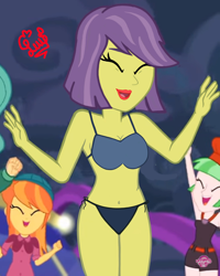 Size: 2048x2561 | Tagged: safe, artist:flutteryaylove, edit, edited screencap, imported from derpibooru, screencap, drama letter, orange sunrise, victoria, watermelody, equestria girls, equestria girls series, spring breakdown, spoiler:eqg series (season 2), all good (song), belly button, bikini, breasts, clothes, female, milf, smiling, swimsuit