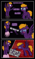 Size: 1920x3169 | Tagged: safe, artist:alexdti, imported from derpibooru, oc, oc only, oc:dark purple, oc:purple creativity, pegasus, pony, comic:quest for friendship, blue eyes, comic, crying, dialogue, duo, ears back, eyes closed, female, glasses, grin, high res, hooves, looking back, male, mare, open mouth, open smile, pegasus oc, r63 paradox, raised hoof, rule 63, smiling, speech bubble, spread wings, stallion, standing, wings, wings down, yelling