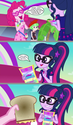 Size: 1344x2323 | Tagged: safe, artist:silverbuller, edit, edited screencap, imported from derpibooru, screencap, pinkie pie, sci-twi, twilight sparkle, watermelody, equestria girls, equestria girls series, spring breakdown, spoiler:eqg series (season 2), cheese, comic, food, grilled cheese, implied cheese sandwich, implied cheesepie, implied shipping, implied straight, sandwich, screencap comic