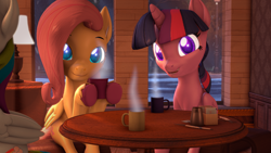 Size: 3840x2160 | Tagged: safe, artist:sylthena, imported from derpibooru, fluttershy, rainbow dash, twilight sparkle, alicorn, pegasus, pony, 3d, 4k, cafe, coffee, coffee mug, cozy, crepuscular rays, cute, daaaaaaaaaaaw, food, fork, glowing, glowing eyes, high res, horn, lamp, looking at you, mug, offscreen character, pov, road, shyabetes, sitting, snow, source filmmaker, streetlight, sugar (food), tree, twilight sparkle (alicorn), volumetric light, wings