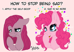 Size: 4093x2894 | Tagged: safe, artist:julunis14, imported from derpibooru, pinkie pie, earth pony, pony, boop, confetti, crying, cute, digital, fluffy mane, happy, ironic tutorial, meme, pinkamena diane pie, sad, self-boop, signature, solo, tutorial