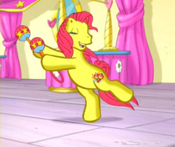 Size: 571x480 | Tagged: safe, imported from derpibooru, screencap, fiesta flair, earth pony, pony, bipedal, curtains, cute, dancing, eyes closed, female, fiestabetes, g3, maracas, mare, mirror, musical instrument, open mouth, open smile, pinkie pie and the ladybug jamboree, playing, shadow, shaking, smiling, solo, stage