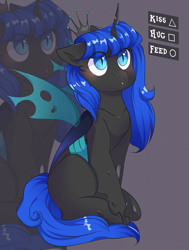 Size: 1920x2546 | Tagged: safe, artist:pledus, imported from derpibooru, oc, oc only, oc:blue visions, changeling, changeling queen, blue changeling, blushing, changeling oc, commission, female, gray background, simple background, solo, ych result, zoom layer