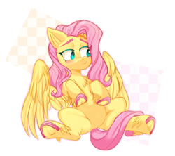 Size: 3000x2669 | Tagged: safe, artist:thieftea, imported from derpibooru, fluttershy, pegasus, pony, blushing, chest fluff, colored hooves, cute, ear fluff, feather, female, frog (hoof), high res, leg fluff, mare, shyabetes, sitting, solo, underhoof