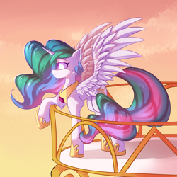 Size: 3000x3000 | Tagged: safe, artist:thieftea, imported from derpibooru, princess celestia, alicorn, pony, balcony, cheek fluff, chest fluff, ear fluff, female, high res, leg fluff, mare, profile, sky, solo, spread wings, wings