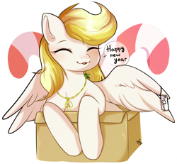 Size: 1920x1772 | Tagged: safe, artist:pledus, imported from derpibooru, oc, oc only, oc:dandelion blossom, pegasus, pony, box, candy, candy cane, commission, eyes closed, female, food, new year, pegasus oc, simple background, solo, spread wings, white background, wings