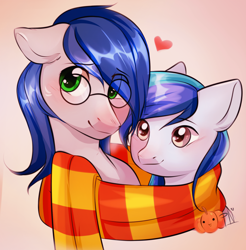 Size: 1920x1952 | Tagged: safe, artist:pledus, imported from derpibooru, oc, oc only, pony, blushing, clothes, commission, duo, female, glasses, heart, male, oc x oc, scarf, shared clothing, shared scarf, shipping, straight, striped scarf