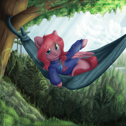 Size: 1920x1920 | Tagged: safe, artist:pledus, imported from derpibooru, oc, oc only, oc:seraphic crimson, pegasus, pony, clothes, commission, female, forest, hammock, open mouth, pegasus oc, scenery, snow, solo, sweater, tree