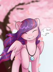 Size: 1920x2610 | Tagged: safe, artist:pledus, imported from derpibooru, oc, oc only, pegasus, pony, commission, eyes closed, female, i love you, jewelry, necklace, pegasus oc, raised hoof, smiling, solo, tree