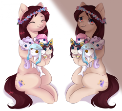 Size: 1920x1744 | Tagged: safe, artist:pledus, imported from derpibooru, oc, oc only, oc:tulip (pandorasia), earth pony, pony, commission, duality, earth pony oc, female, floral head wreath, flower, plushie, smiling, solo