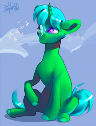 Size: 800x1047 | Tagged: safe, artist:charlot, imported from derpibooru, oc, oc:green byte, butterfly, pony, unicorn, commission, male, simple background, sitting, solo, stallion, ych result