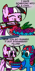 Size: 800x1602 | Tagged: safe, artist:thedragenda, imported from derpibooru, oc, oc:ace, oc:summer hurricane, pony, ask-acepony, bait and switch, cake, comic, eyes closed, female, food, hoof on chest, looking at something, mare, mouth hold, saw