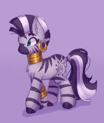 Size: 1593x1866 | Tagged: safe, artist:sidruni, imported from derpibooru, zecora, zebra, bracelet, chest fluff, ear piercing, earring, female, jewelry, lavender background, mare, neck rings, piercing, purple background, quadrupedal, simple background, solo