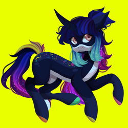 Size: 2048x2048 | Tagged: safe, artist:neonbugzz, imported from derpibooru, oc, oc only, oc:arcade galaxy, pony, unicorn, :o, art, looking at you, open mouth, simple background, solo, yellow background