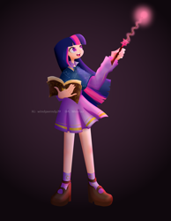 Size: 4277x5500 | Tagged: safe, artist:windywendy29, imported from derpibooru, twilight sparkle, human, absurd resolution, book, cape, cloak, clothes, constellation, cute, female, flats, humanized, magic, magic wand, open mouth, shirt, shoes, skirt, socks, solo, twiabetes, wand