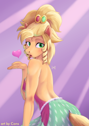 Size: 2480x3508 | Tagged: safe, artist:pwnagespartan, imported from derpibooru, applejack, anthro, earth pony, applejewel, backless, bare shoulders, blowing a kiss, clothes, dress, female, heart, lipstick, looking back, solo