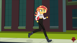 Size: 2883x1619 | Tagged: safe, artist:jcpreactyt, imported from derpibooru, sunset shimmer, equestria girls, canterlot high, clothes, female, jogging, morning, pants, running, school, sweater