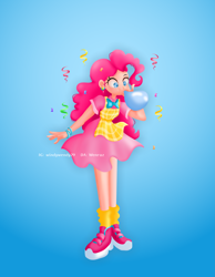 Size: 4277x5500 | Tagged: safe, artist:windywendy29, imported from derpibooru, pinkie pie, human, absurd resolution, apron, balloon, blowing up balloons, blue background, bow, bowtie, bracelet, clothes, confetti, cute, diapinkes, ear piercing, earring, female, humanized, jewelry, piercing, shirt, shoes, simple background, skirt, sneakers, socks, solo, t-shirt, wristband