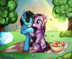 Size: 1280x1048 | Tagged: safe, artist:appleneedle, imported from derpibooru, oc, bat pony, butterfly, pegasus, pony, apple, flower, food, holiday, love, nature, park, picnic blanket, pond, romance, tree, valentine, valentine's day, water