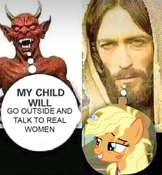 Size: 680x736 | Tagged: safe, imported from derpibooru, applejack, earth pony, human, pony, female, jesus christ, male, mare, meme, satan, speech bubble