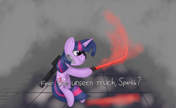 Size: 2600x1600 | Tagged: safe, artist:kanw, derpibooru exclusive, imported from derpibooru, twilight sparkle, cyborg, pony, unicorn, crossover, dialogue, eyepatch, fog, implied pinkie pie, metal gear, metal gear rising, monsoon, murasama, solo, sword, text, unicorn twilight, weapon