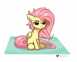 Size: 1000x798 | Tagged: safe, artist:inkypuso, imported from derpibooru, fluttershy, pegasus, pony, bags under eyes, female, folded wings, hooves, lidded eyes, mare, messy mane, no catchlights, signature, simple background, sitting, solo, white background, wings