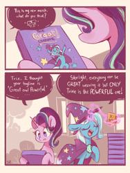 Size: 1800x2400 | Tagged: safe, artist:scribble-potato, imported from derpibooru, starlight glimmer, trixie, pony, unicorn, 2 panel comic, brooch, cape, clothes, comic, dialogue, eyes closed, februpony, female, hat, jewelry, mare, open mouth, speech bubble, trixie's brooch, trixie's cape, trixie's hat