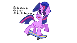 Size: 3840x2160 | Tagged: safe, artist:llamalauncher, imported from derpibooru, twilight sparkle, pony, unicorn, chest fluff, female, hamster dance, simple background, skateboard, solo, unicorn twilight, white background